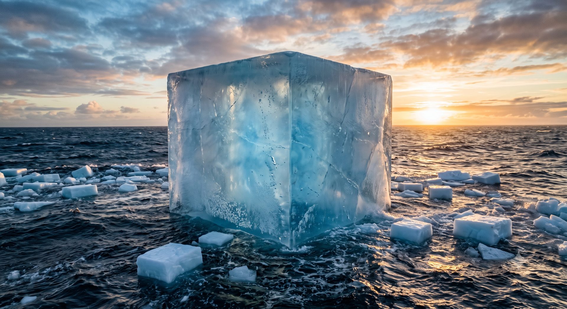Ein riesiger, klarer Eisblock treibt bei Sonnenuntergang im Atlantik, umgeben von kleineren Eisschollen